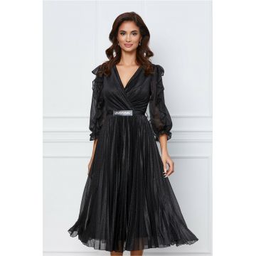 Rochie Corina neagra plisata cu volanase la maneci