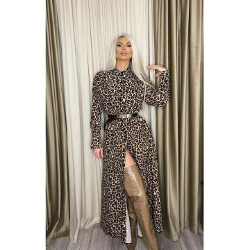 Rochie de Dama Tip Camasa Lunga, cu Nasturi, Prinsa in Centura, cu Print Leopard