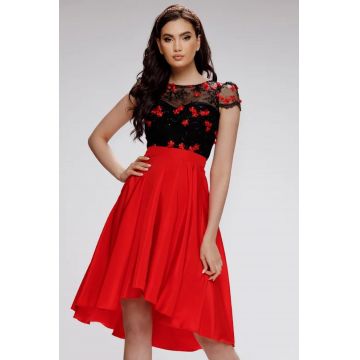 Rochie de ocazie Fofy rosie cu bust din tulle brodat cu floricele