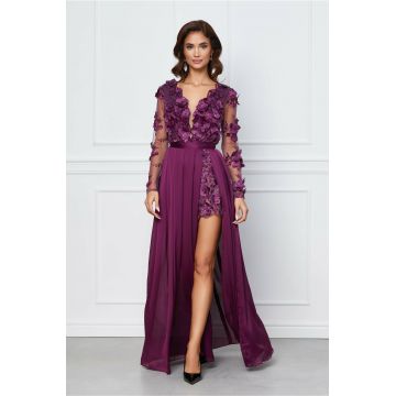 Rochie Ella Collection Ibiza mov lunga cu flori 3D si cordon in talie