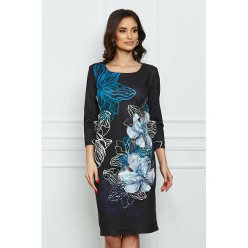 Rochie Ilona neagra cu imprimeu floral albastru