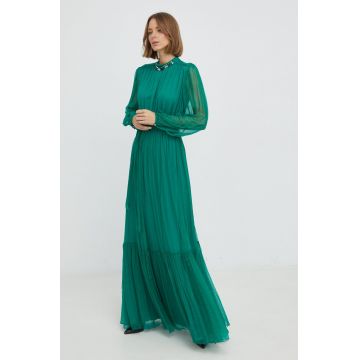 Nissa rochie de matase culoarea verde, maxi, evazati