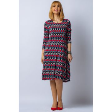 Rochie A line midi, imprimeu cerculete rosu-negru-gri din vascoza