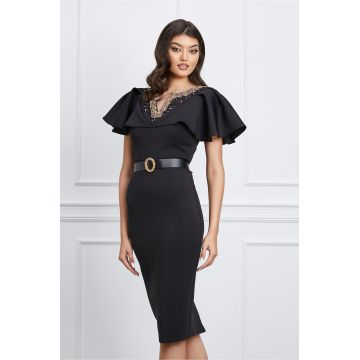 Rochie Alexia neagra din neopren cu perlute la bust si curea in talie