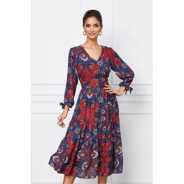 Rochie Amelia bordo cu imprimeuri florale albastre