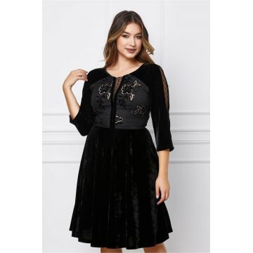 Rochie Belle neagra din catifea cu broderie si paiete