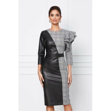 Rochie Dy Fashion din piele ecologica neagra si carouri gri