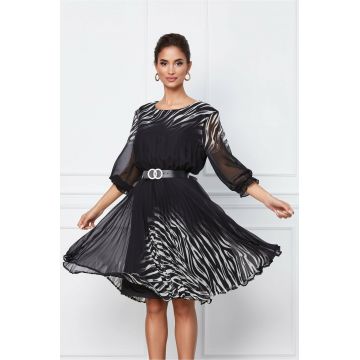 Rochie Ioana neagra cu imprimeu wave alb si curea in talie