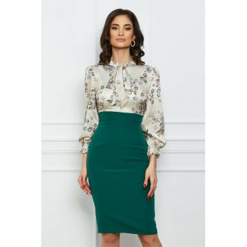 Rochie MBG verde cu bust bej si funda la guler