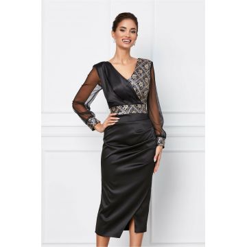 Rochie Moze neagra cu paiete la bust si crepeu lateral