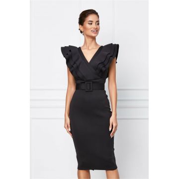 Rochie Nadine neagra din neopren cu volane la bust si curea in talie