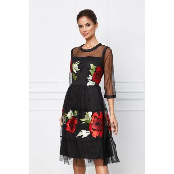 Rochie Natalia neagra din tull cu broderie florala rosie