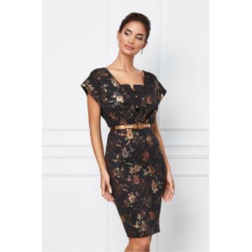 Rochie Xonia neagra din neopren cu imprimeu floral si curea in talie