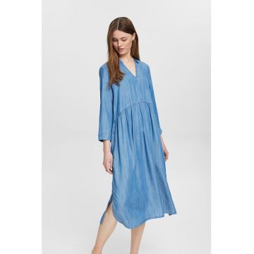 Rochie din material chambray cu decolteu in V si slituri laterale