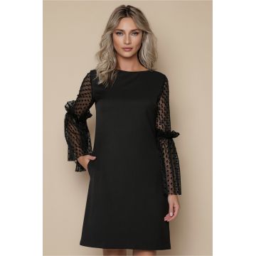 Rochie MBG neagra cu maneci din tull cu buline catifelate