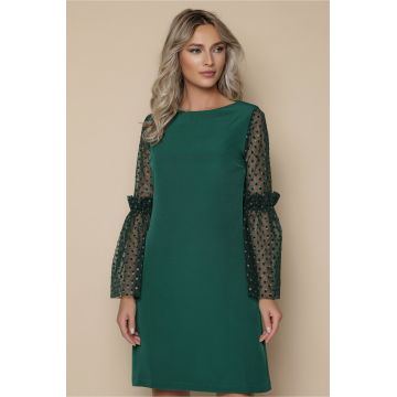 Rochie MBG verde cu maneci din tull cu buline catifelate