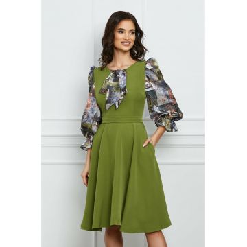 Rochie MBG verde olive cu funda si maneci din voal satinat