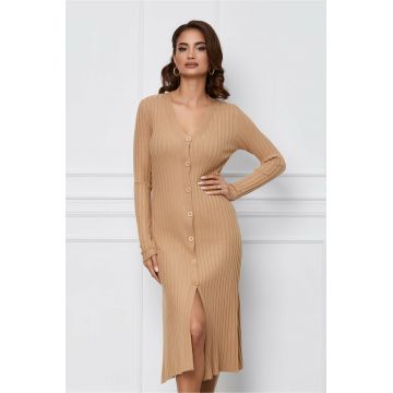 Rochie Anisia maro din tricot reiat cu nasturi