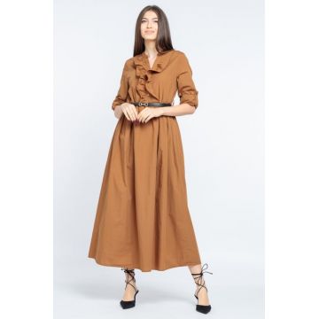 Rochie lunga camel din poplin de bumbac, cu jabou si taiata in talie