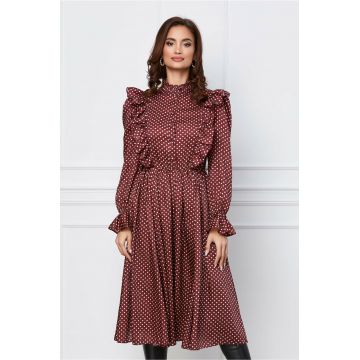 Rochie Dy Fashion bordo cu buline si volane la bust