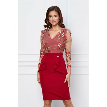 Rochie Dy Fashion bordo cu dantela la bust si peplum in talie