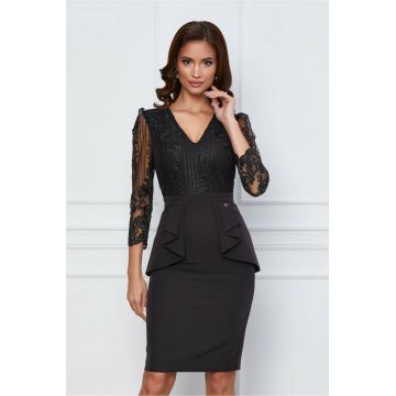 Rochie Dy Fashion neagra cu dantela la bust si peplum in talie