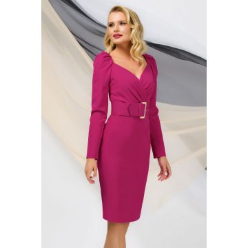 Rochie fucsia tip creion Pretty Girl de birou cu decolteu tip inima si curea