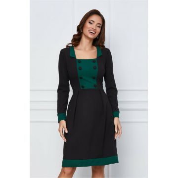 Rochie Moze negru cu verde si nasturi la bust