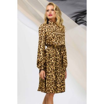 Rochie Pretty Girl midi leopard cu dantela la gat si mansete