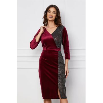 Rochie Adela magenta din catifea cu insertii argintii