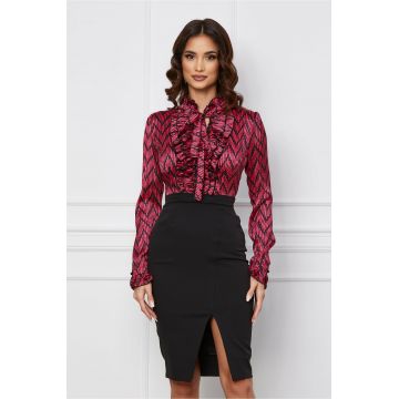 Rochie MBG neagra cu imprimeu fucsia si volane la bust