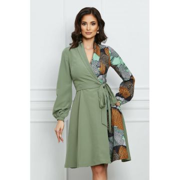 Rochie MBG verde fistic cu imprimeuri orange