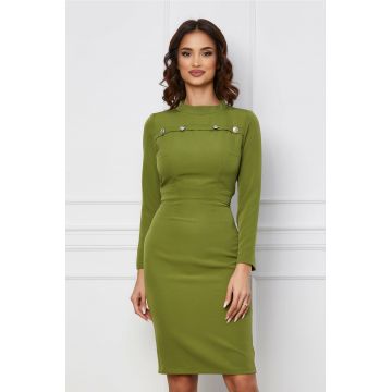 Rochie Moze verde olive cu nasturi decorativi la bust