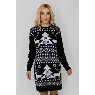 Rochie tricotata cu tematica de Craciun, Snowy tree, Negru, Marime: OneSize S/M