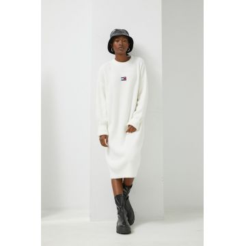 Tommy Jeans rochie din amestec de lana culoarea alb, mini, oversize
