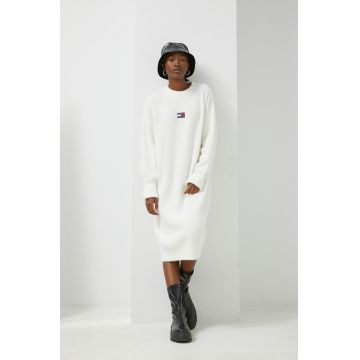 Tommy Jeans rochie din amestec de lana culoarea alb, mini, oversize