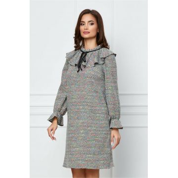 Rochie Dy Fashion alba cu picatele colorate si volan la bust Rochie Dy Fashion alba cu picatele colorate si volan la bust