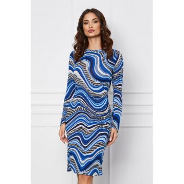Rochie Dy Fashion albastra cu imprimeuri si fronseu pe talie Rochie Dy Fashion albastra cu imprimeuri si fronseu pe talie