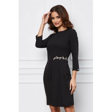 Rochie Dy Fashion neagra cu pliuri si accesoriu in talie