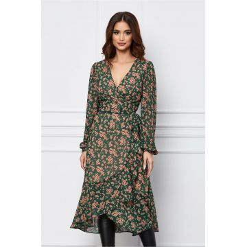 Rochie Dy Fashion petrecuta verde cu imprimeuri florale si volan la baza