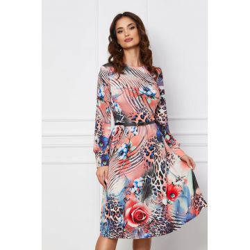 Rochie Dy Fashion roz somon cu imprimeu albastru si decupaj pe maneci