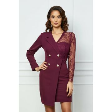 Rochie Ella Collection Antonia mov cu dantela la bust si maneca