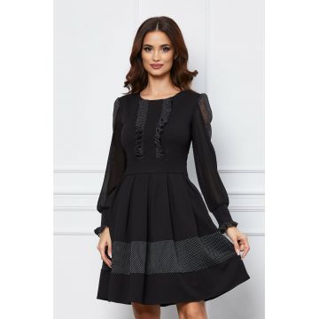 Rochie Ella Collection Melisa neagra cu buline si volanase pe bust