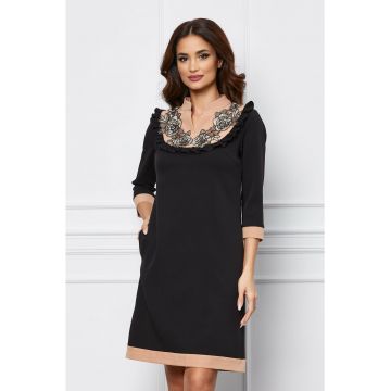 Rochie MBG neagra cu broderie florala la bust si insertii bej