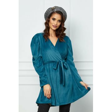 Rochie Miriam bleu din catifea cu cordon in talie