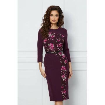 Rochie Dy Fashion mov cu imprimeu floral si curea in talie