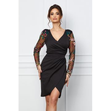 Rochie Ella Collection Alison neagra cu flori 3D colorate pe maneci