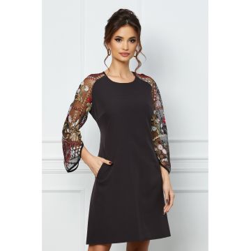 Rochie Ella Collection Andrea neagra cu maneci brodate si buzunare functionale