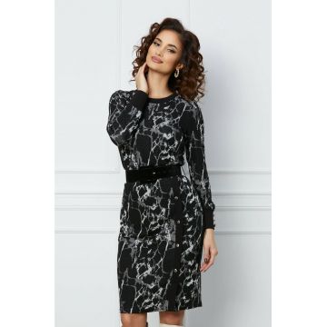 Rochie Marisa neagra cu imprimeuri gri si curea in talie