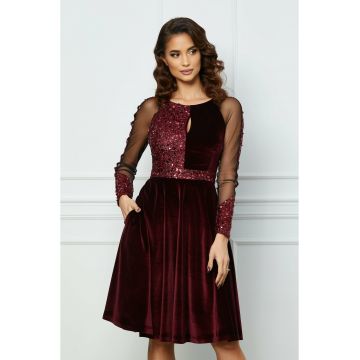 Rochie MBG bordo din catifea cu paiete la bust